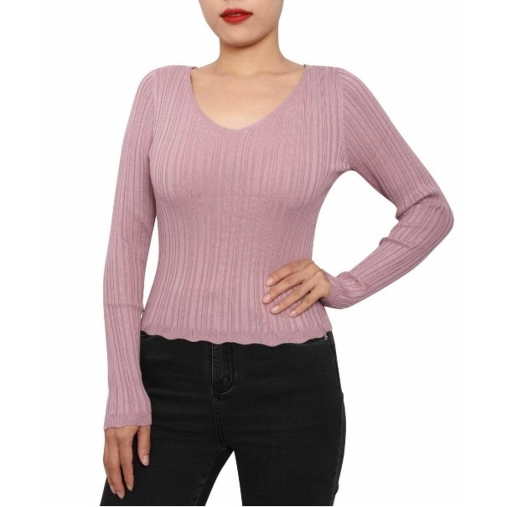 Womens Light Purple Ribbed Strappy-back Long Sleeve V Neck Sweater
